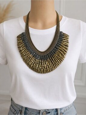 Stella & Dot Pegasus Feather Bib Statement Necklace | Gold + Gunmetal Layered